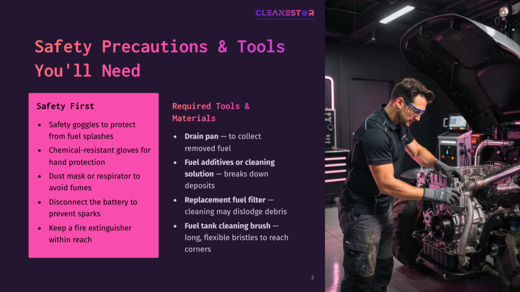 A Man In A Workshop Wears Safety Gloves And Goggles, Working On The Engine Of A Large Piece Of Machinery. The Image Includes Text On The Left Side Listing &Quot;Safety Precautions &Amp; Tools You'Ll Need&Quot; And &Quot;Safety First&Quot; With Bullet Points.