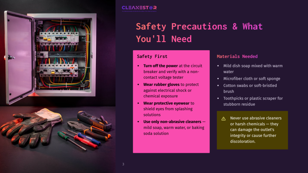 3 Safety Precautions And What Youll Need Electrical Panel With Safety Precautions For Cleaning, Showing Tools Like Gloves And Testers, With Text &Quot;Cleanestor Safety Precautions &Amp; What You'Ll Need&Quot;.
