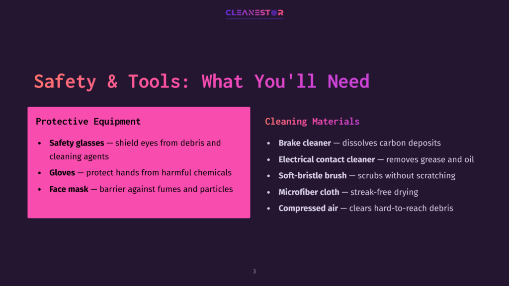 Safety And Tools: What You'Ll Need. Lists Protective Equipment Like Safety Glasses, Gloves, And Face Masks, And Cleaning Materials Such As Brake Cleaner, Electrical Contact Cleaner, Soft-Bristle Brush, Microfiber Cloth, And Compressed Air.
