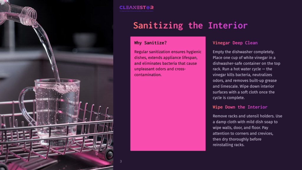 Closest'S &Quot;Sanitizing The Interior&Quot; Guide Features A Close-Up Of Clear Water Pouring From A Bottle Into A Glass Dishwasher Rack, With Text About Sanitizing Dishwashers With Vinegar.