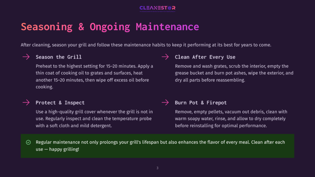 Cleanestor Logo Above Text Detailing Grill Seasoning And Maintenance: &Quot;Season The Grill,&Quot; &Quot;Clean After Every Use,&Quot; &Quot;Protect &Amp; Inspect,&Quot; And &Quot;Burn Pot &Amp; Firepot.