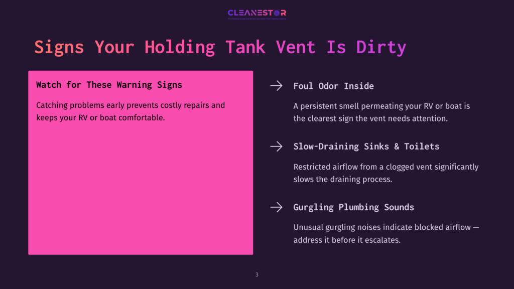 3 Signs Your Holding Tank Vent Is Dirty A Dark Purple Slide With The Title &Quot;Signs Your Holding Tank Vent Is Dirty&Quot; Lists Warning Signs For Rv And Boat Holding Tanks: &Quot;Foul Odor Inside,&Quot; &Quot;Slow-Draining Sinks &Amp; Toilets,&Quot; And &Quot;Gurgling Plumbing Sounds.