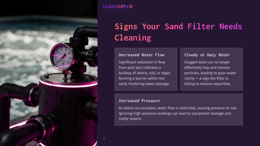 3 Signs Your Sand Filter Needs Cleaning Close-Up Of A Sand Pool Filter With A Pressure Gauge Showing 100 Psi, Surrounded By Black Plumbing And Illuminated By Purple Led Lights.