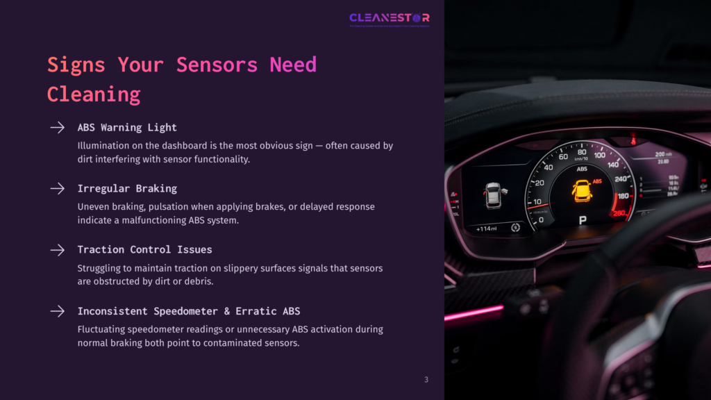 Close-Up Of A Car'S Dashboard Displaying Illuminated Warning Lights And Sensor Data, With Text Overlay Listing &Quot;Signs Your Sensors Need Cleaning,&Quot; Including &Quot;Abs Warning Light,&Quot; &Quot;Irregular Braking,&Quot; And &Quot;Traction Control Issues.