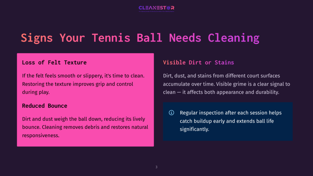Infographic Titled &Quot;Signs Your Tennis Ball Needs Cleaning,&Quot; Listing &Quot;Loss Of Felt Texture&Quot; And &Quot;Reduced Bounce&Quot; On The Left, And &Quot;Visible Dirt Or Stains&Quot; And A Tip For &Quot;Regular Inspection&Quot; On The Right. The Background Is Dark Purple.
