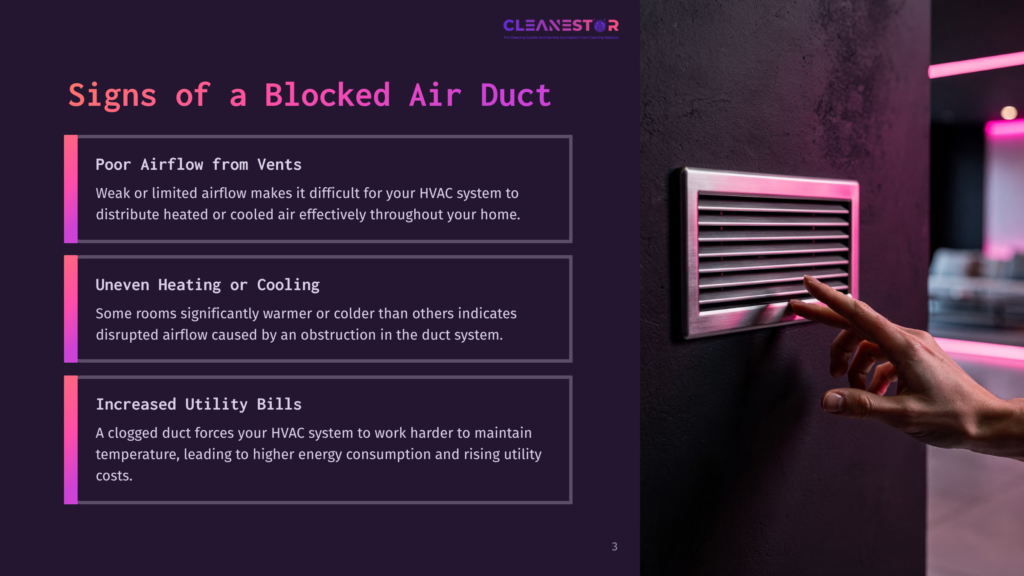 Close-Up Of A Person'S Hand Reaching Towards A Silver Air Vent On A Dark Wall, With Text Overlay Mentioning &Quot;Signs Of A Blocked Air Duct&Quot;.