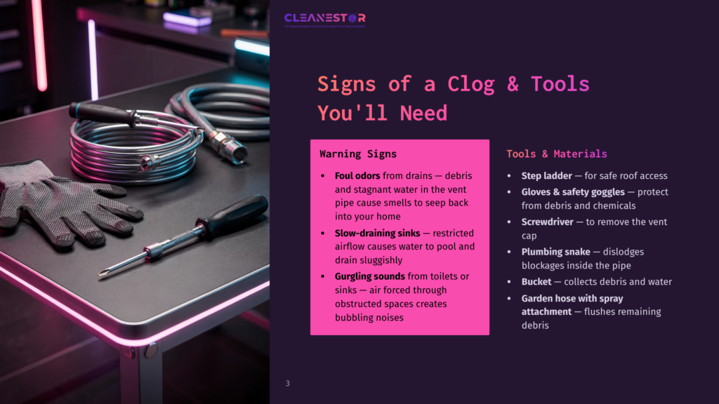 3 Signs Of A Clog And Tools Youll Need Close-Up Of A Plumbing Snake, Gloves, And Screwdriver On A Table With A Graphic Overlay Listing &Quot;Signs Of A Clog &Amp; Tools You&Amp;Apos;Ll Need&Quot; And &Quot;Warning Signs&Quot; With Bullet Points.