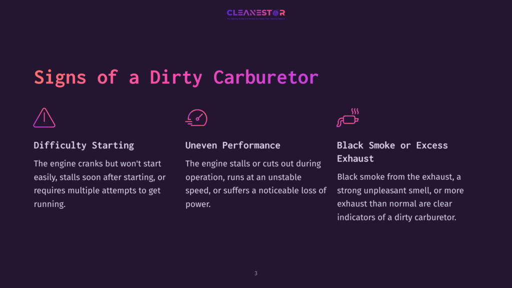 Cleanestor Logo Above &Quot;Signs Of A Dirty Carburetor&Quot; Title. Three Columns Illustrate: Difficulty Starting, Uneven Performance, And Black Smoke Or Excess Exhaust, With Descriptive Text Below Each.