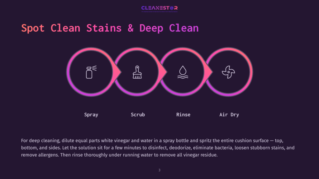 3 Spot Clean Stains And Deep Clean Infographic Detailing The Four Steps Of Spot Cleaning And Deep Cleaning: Spray, Scrub, Rinse, And Air Dry. Text At The Bottom Explains How To Deep Clean Cushions With A Vinegar And Water Solution.