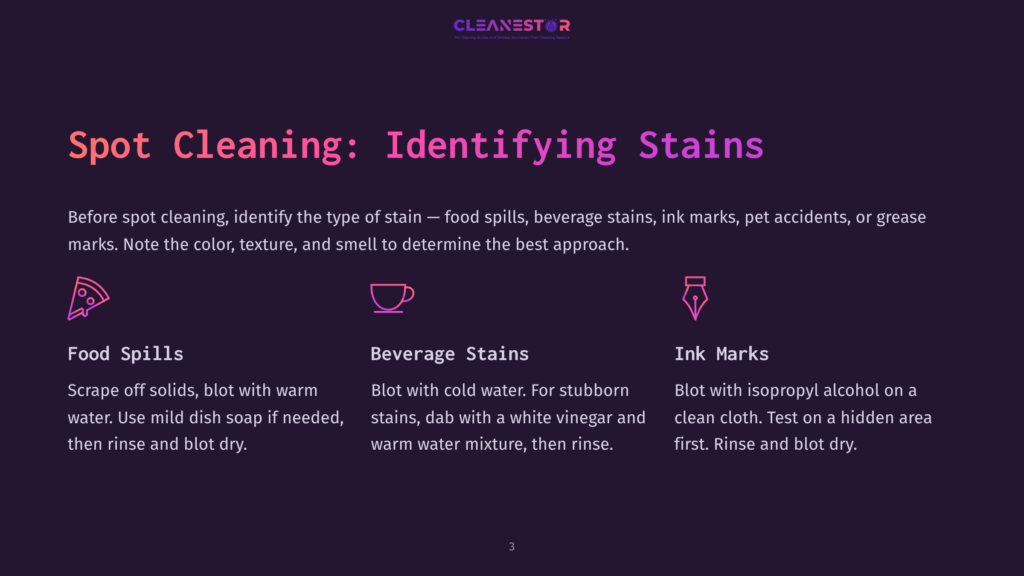 3 Spot Cleaning Identifying Stains Spot Cleaning: Identifying Stains - Food Spills, Beverage Stains, Ink Marks, And Pet Accidents. Learn How To Tackle Common Household Stains With This Helpful Guide.