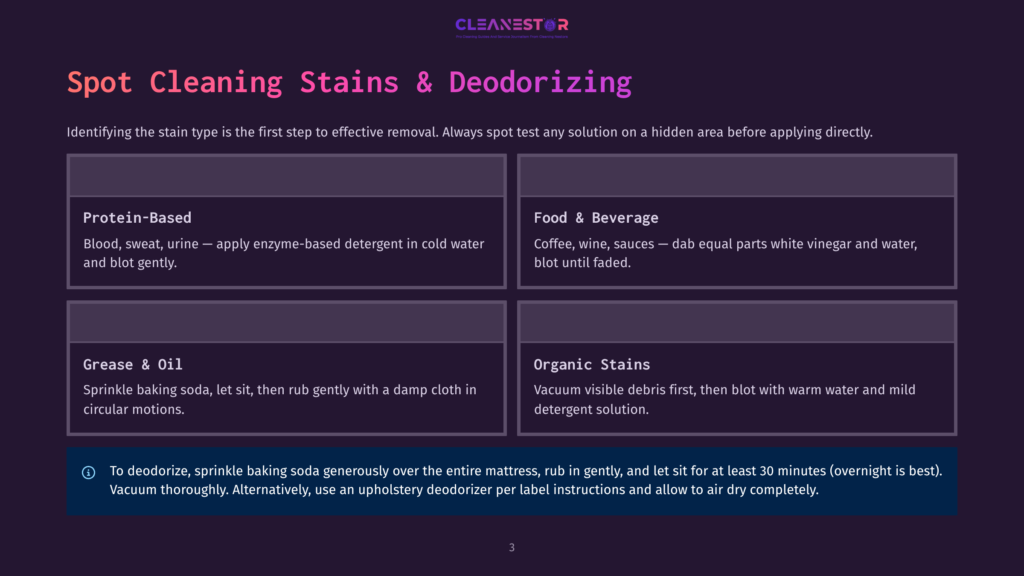 Cleanestor Logo Above &Quot;Spot Cleaning Stains &Amp; Deodorizing&Quot; Title. Four Sections Detail Stain Types: Protein-Based, Food &Amp; Beverage, Grease &Amp; Oil, And Organic Stains, With Cleaning Tips. A Deodorizing Tip Is Also Provided.