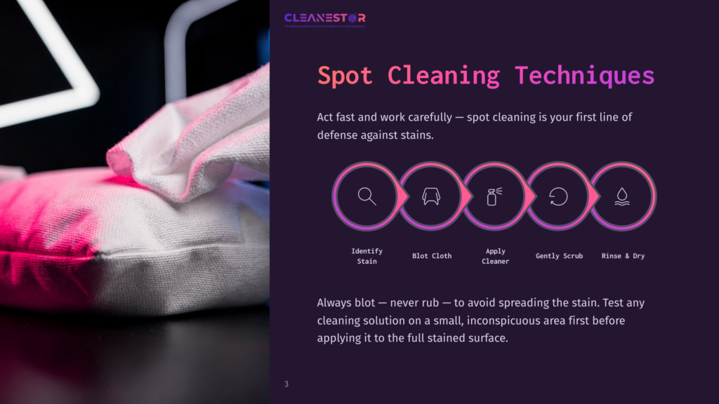 Cleanestor Logo And &Quot;Spot Cleaning Techniques&Quot; Title With A Diagram Illustrating Steps: Identify Stain, Blot Cloth, Apply Cleaner, Gently Scrub, Rinse &Amp; Dry. The Background Is Dark Purple.