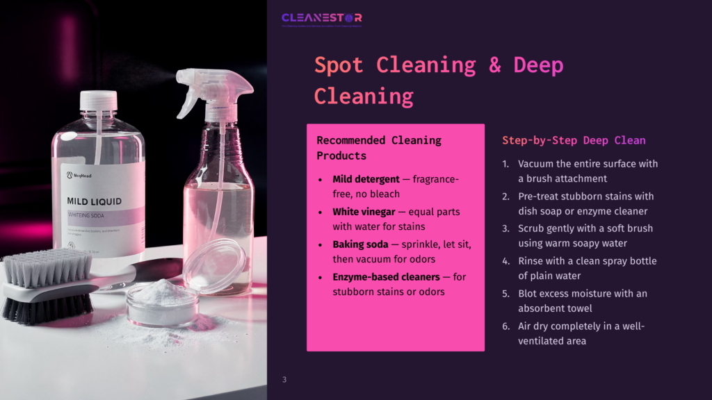 Two Bottles Of Cleaning Products, One Labeled &Quot;Mild Liquid&Quot; And The Other A Spray Bottle, Sit Next To A White Powder And A Brush, With Text Overlay Describing &Quot;Spot Cleaning &Amp; Deep Cleaning&Quot; Products And Steps.