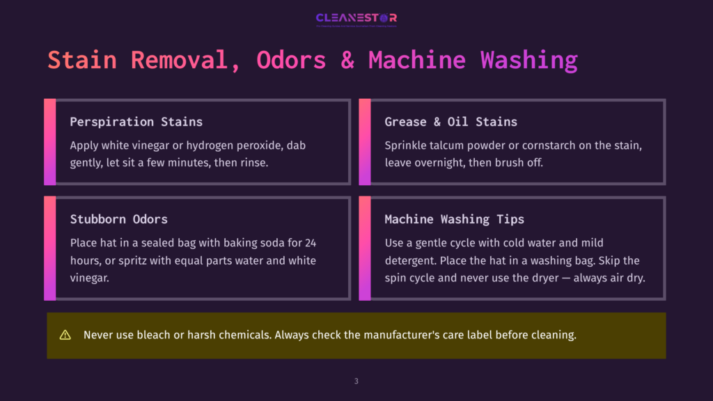 3 Stain Removal Odors And Machine Washing An Infographic With A Dark Background Titled &Quot;Stain Removal, Odors &Amp; Machine Washing&Quot; Includes Four Sections. The First Section Details Removing Perspiration Stains With White Vinegar Or Hydrogen Peroxide. The Second Section Advises Sprinkling Talcum Powder Or Cornstarch On Grease And Oil Stains, Leaving It Overnight Before Brushing Off. The Third Section Suggests Eliminating Stubborn Odors By Placing A Hat In A Sealed Bag With Baking Soda For 24 Hours Or Using A Water And White Vinegar Solution. The Fourth Section Recommends Using A Gentle Cycle With Cold Water And Mild Detergent For Machine Washing Tips, Placing The Hat In A Washing Bag, Skipping The Spin Cycle, And Air Drying.