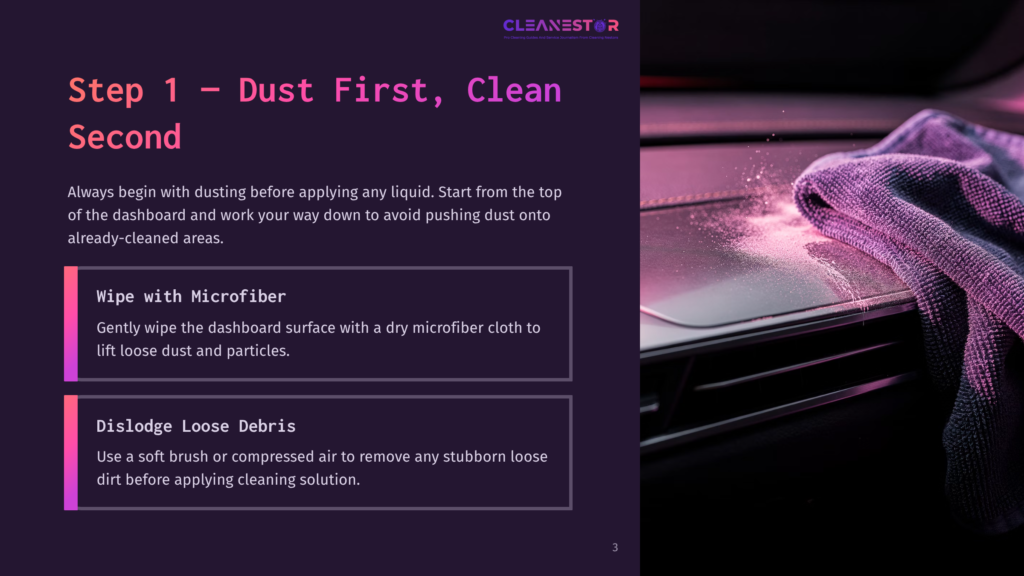 3 Step 1 Dust First Clean Second Close-Up Of A Purple Microfiber Cloth Dusting A Car'S Dashboard, With Pink Dust Particles Visible, Illustrating The &Quot;Dust First, Clean Second&Quot; Principle.