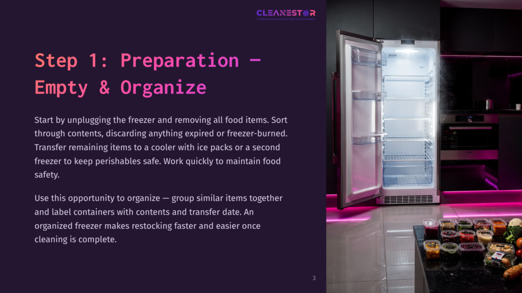 3 Step 1 Preparation Empty And Organize Step 1: Preparation - Empty &Amp; Organize. An Open, Empty, Modern White Refrigerator Stands In A Sleek, Dark Kitchen With Purple Accent Lighting. Jars Of Food And Produce Are Neatly Arranged On A Dark Countertop In The Foreground.