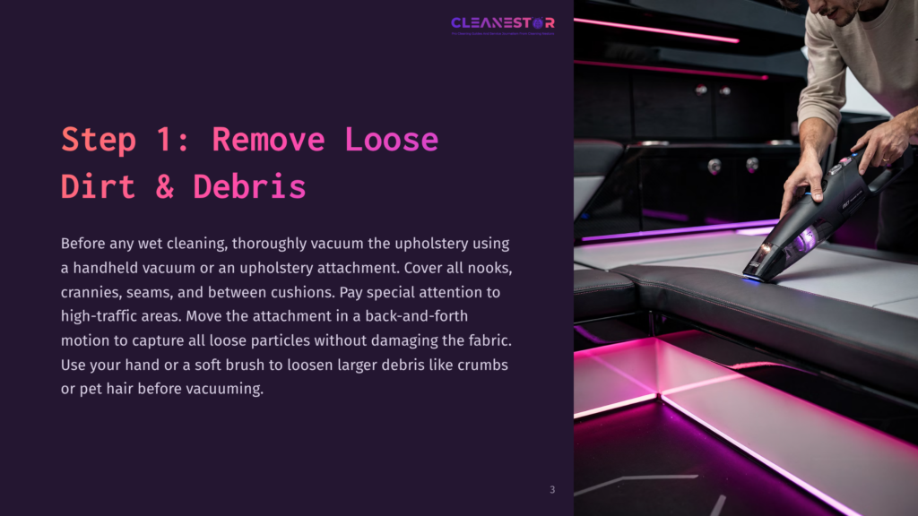 Step 1: Remove Loose Dirt &Amp; Debris. A Person Uses A Handheld Vacuum With An Upholstery Attachment To Clean A Dark, Modern Vehicle Interior With Purple Led Lighting.