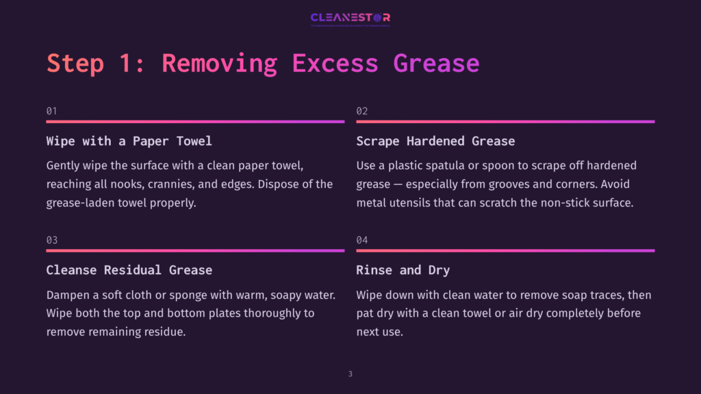 Step 1: Removing Excess Grease. This Infographic Details Cleaning Steps: Wiping With Paper Towels, Scraping Hardened Grease With A Plastic Spatula, Cleansing Residual Grease With A Damp Cloth, And Rinsing And Drying.
