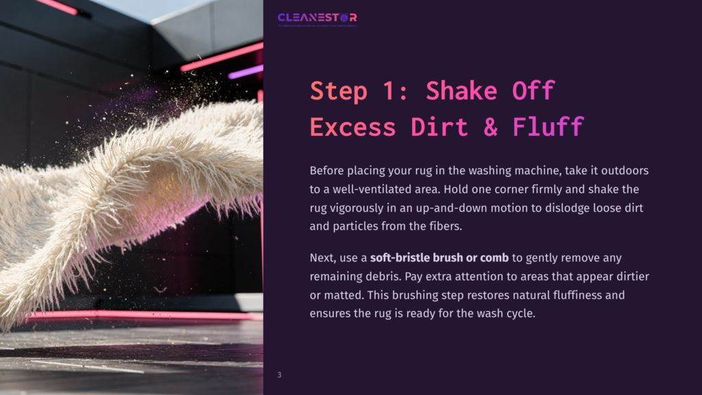 A Fluffy White Rug Is Vigorously Shaken Outdoors, Sending Dust And Debris Flying, As Part Of A Rug Cleaning Process.