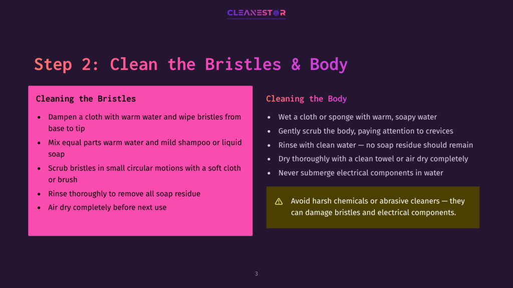 An Instructional Infographic Titled &Quot;Step 2: Clean The Bristles &Amp; Body&Quot; With Two Columns, One Detailing How To Clean The Bristles And The Other How To Clean The Body, Includes Steps Such As Dampening A Cloth With Warm Water And Scrubbing The Body Gently.