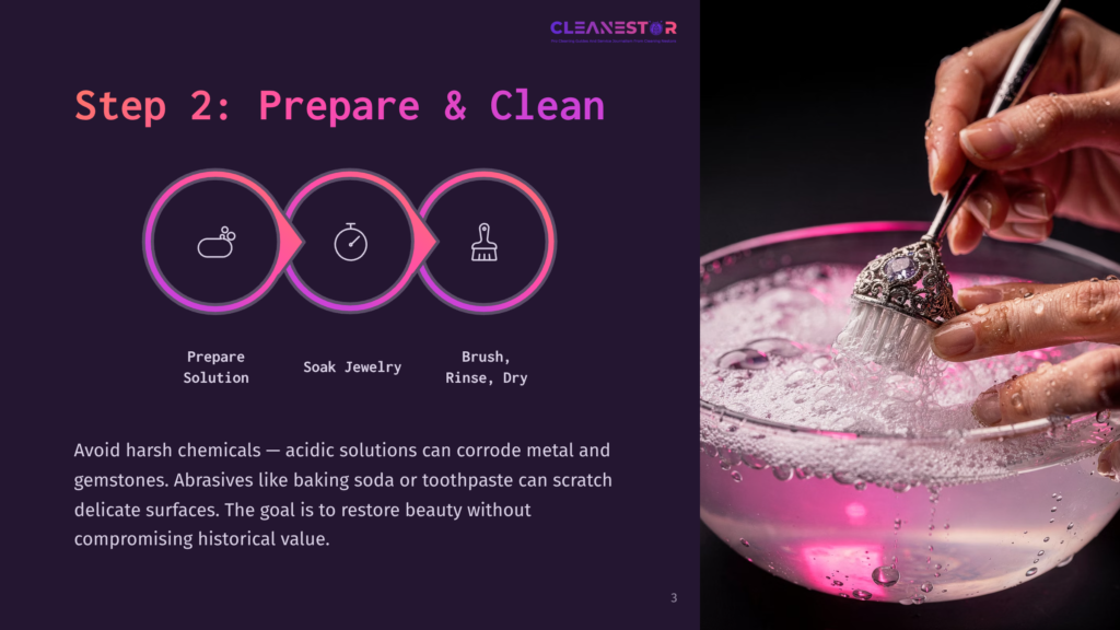 Step 2: Prepare &Amp; Clean. Icons Show Preparing A Solution, Soaking Jewelry, And Brushing/Rinsing. A Hand Gently Brushes A Ring In A Bowl Of Pink, Bubbly Water.