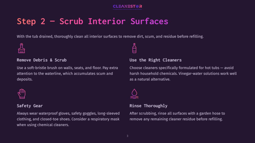 Step 2: Scrub Interior Surfaces. Instructions Include Removing Debris And Scrubbing, Using The Right Cleaners, Safety Gear, And Rinsing Thoroughly.