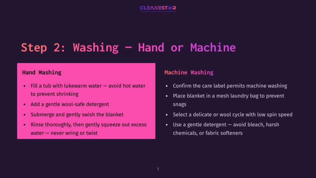 Step 2: Washing Instructions For Hand Or Machine Washing Blankets. Lists Include Filling A Tub With Lukewarm Water, Adding Wool-Safe Detergent, Submerging And Swishing, And Rinsing Without Wringing For Hand Washing. Machine Washing Requires Confirming Care Labels, Placing Blankets In Mesh Bags, And Selecting Delicate Cycles With Low Spin Speeds, Avoiding Bleach And Fabric Softeners.
