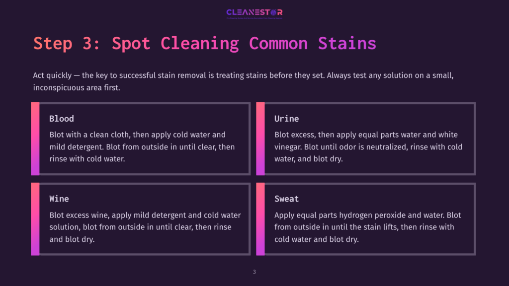 3 Step 3 Spot Cleaning Common Stains Step 3: Spot Cleaning Common Stains - Blood, Urine, Wine, And Sweat Stain Removal Tips With Instructions On A Dark Background.