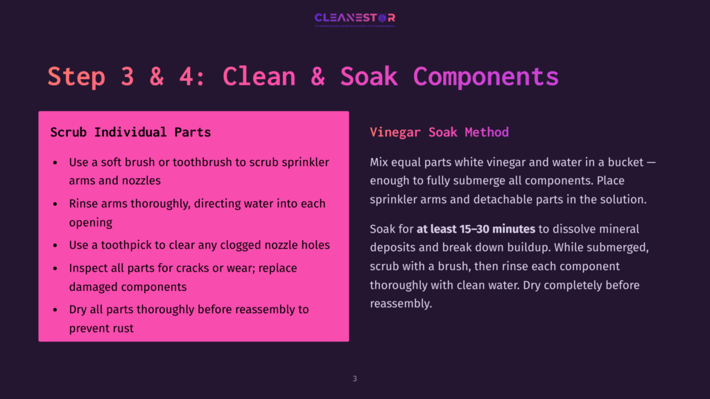 A Pink And Purple Graphic With Instructions On The Third And Fourth Steps Of Cleaning And Soaking Components For A Sprinkler System. Text Includes A List Of Steps For Scrubbing Individual Parts And A Method For Using Vinegar To Soak The Components.