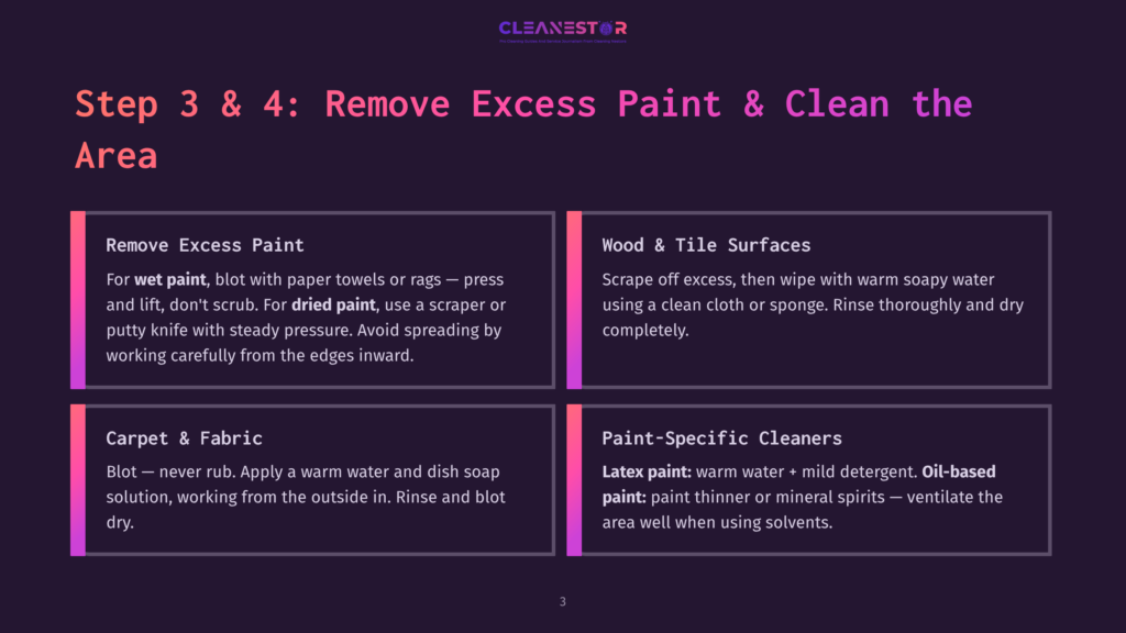 Step 3 &Amp; 4: Remove Excess Paint &Amp; Clean The Area. Sections Detail Removing Wet And Dried Paint From Surfaces Like Carpet, Fabric, Wood, And Tile Using Specific Cleaning Methods And Cleaners.