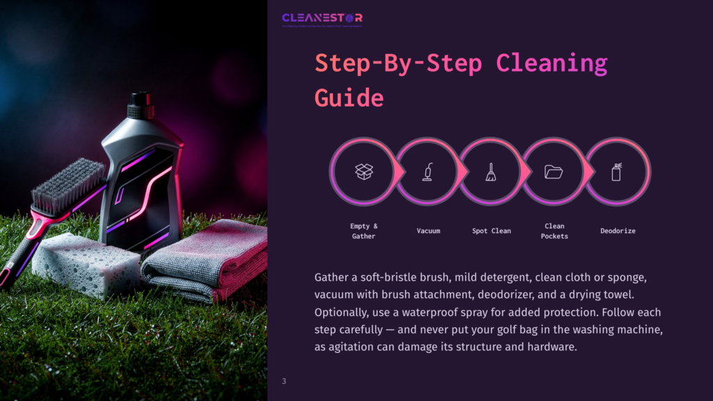 3 Step By Step Cleaning Guide 107 Step-By-Step Cleaning Guide Poster With A Soft-Bristle Brush, Bottle Of Mild Detergent, Clean Cloth, Sponge, Vacuum With Brush Attachment, Deodorizer, And A Drying Towel.