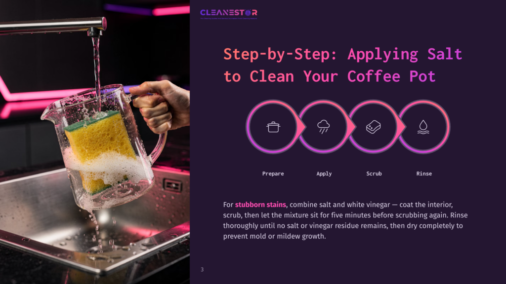 3 Step By Step Applying Salt To Clean Your Coffee Pot A Hand Scrubs A Glass Coffee Pot Filled With Soapy Water Under A Running Faucet, With A Sponge Inside. The Image Is Part Of A Step-By-Step Guide On How To Clean A Coffee Pot.