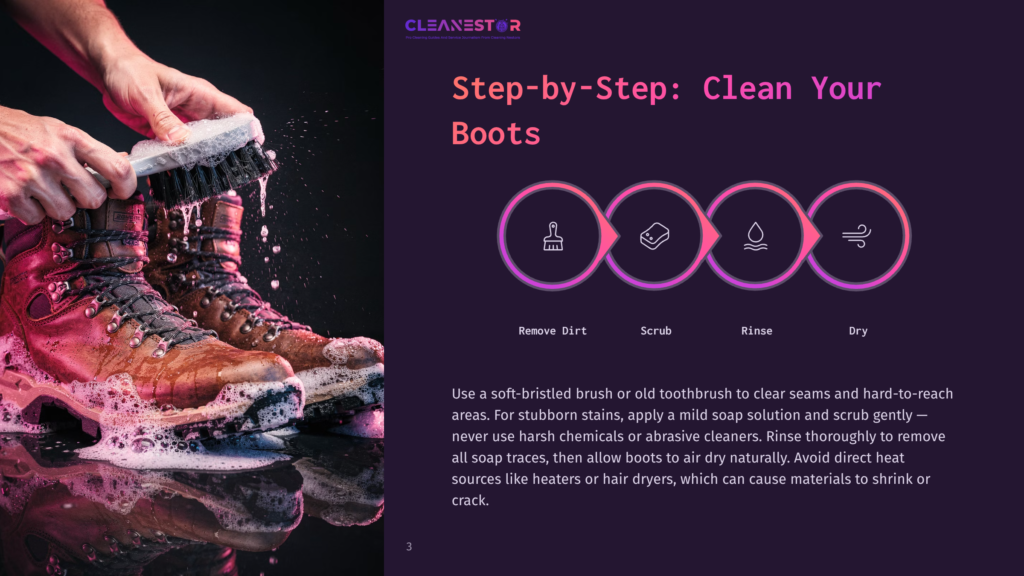3 Step By Step Clean Your Boots Step-By-Step Guide To Cleaning Your Boots: Remove Dirt, Scrub, Rinse, And Dry. Instructions For Cleaning Boots With A Soft Brush And Mild Soap Solution.