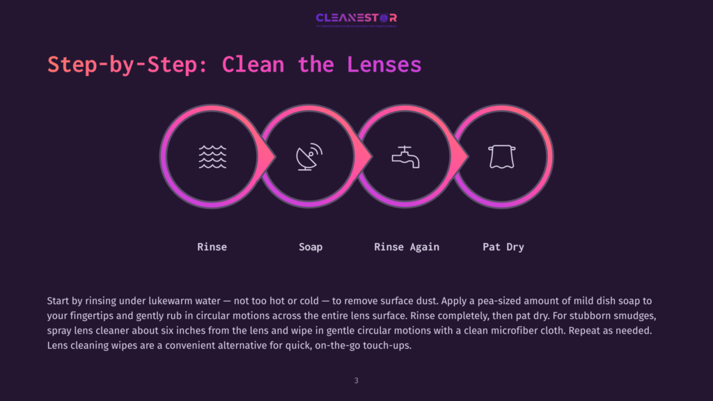 3 Step By Step Clean The Lenses Step-By-Step Guide To Cleaning Lenses: Rinse, Soap, Rinse Again, Pat Dry. Visual Icons Represent Each Step. Text Explains How To Clean Lenses With Mild Soap And A Microfiber Cloth.