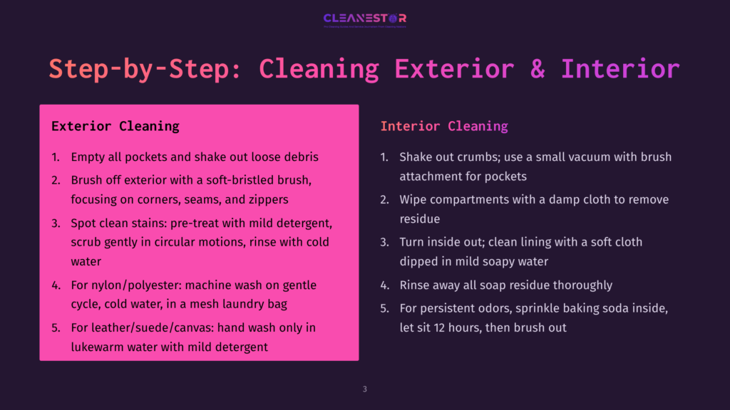 Step-By-Step Guide To Cleaning Exteriors And Interiors, With Sections On Exterior Cleaning And Interior Cleaning, Detailing Specific Steps For Each.
