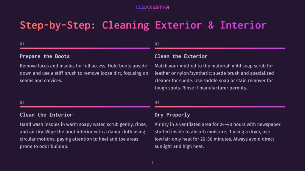 3 Step By Step Cleaning Exterior And Interior Step-By-Step Guide To Cleaning Leather Boots: Prepare Boots, Clean Exterior With Mild Soap, Clean Interior With Damp Cloth, And Dry Properly In A Ventilated Area.