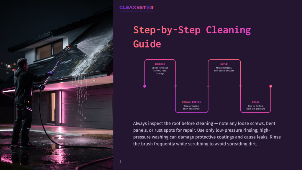 3 Step By Step Cleaning Guide 103 Man Pressure Washing A Dark Roof At Night With Pink And Purple Lights Illuminating The Scene. The Image Includes The Text &Quot;Cleanestor&Quot; And &Quot;Step-By-Step Cleaning Guide&Quot;.