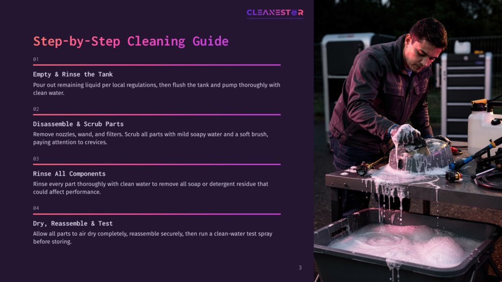 A Man Wearing A Dark Jacket And Gloves Cleans Equipment With A Brush And A Container Of Liquid, A Step-By-Step Cleaning Guide Is Displayed On The Left Side Of The Image.