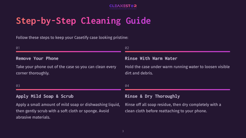 A Step-By-Step Cleaning Guide For A Casetify Case. A Numbered List Outlines The Process, Starting With Removing The Phone, Rinsing With Warm Water, Applying Mild Soap And Scrubbing Gently, And Finally Rinsing And Drying Thoroughly.