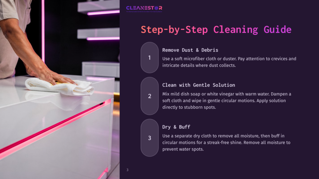 Step-By-Step Cleaning Guide From Cleanestor, Featuring A Person Wiping A White Surface With A Cloth And Text Detailing Dust Removal, Gentle Cleaning With Soap And Vinegar, And Drying.