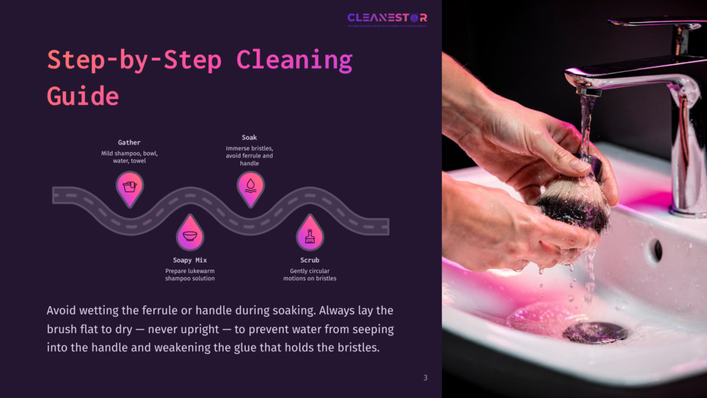 A Step-By-Step Cleaning Guide For Makeup Brushes, Featuring A Graphic With Icons For Gathering Supplies, Soaking, Making Soapy Mix, And Scrubbing, Next To A Photo Of A Brush Being Rinsed Under A Faucet.