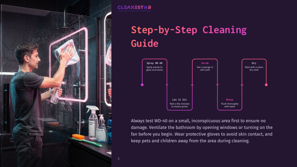 Man Cleaning A Modern Shower With A Pink Neon Light Accent, Using A Spray Bottle And Cloth. Step-By-Step Cleaning Guide Text Is Visible On The Right.