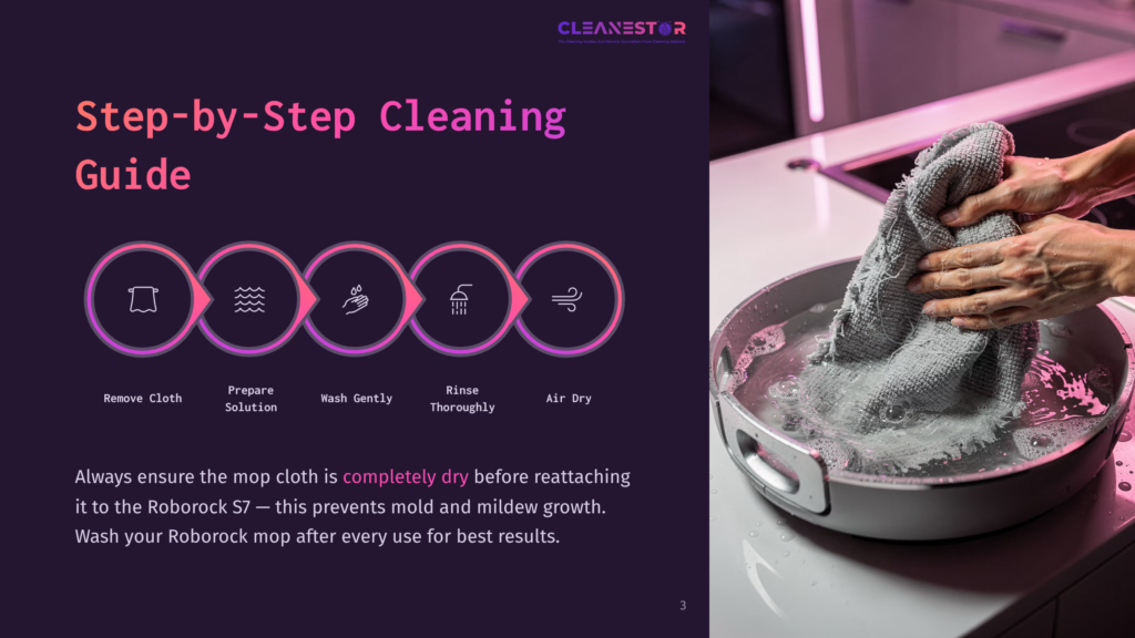 3 Step By Step Cleaning Guide 15 Step-By-Step Cleaning Guide From Cleanestor: Remove Cloth, Prepare Solution, Wash Gently, Rinse Thoroughly, And Air Dry. Hands Wring Out A Grey Mop Cloth In A Stainless Steel Sink Filled With Soapy Water.