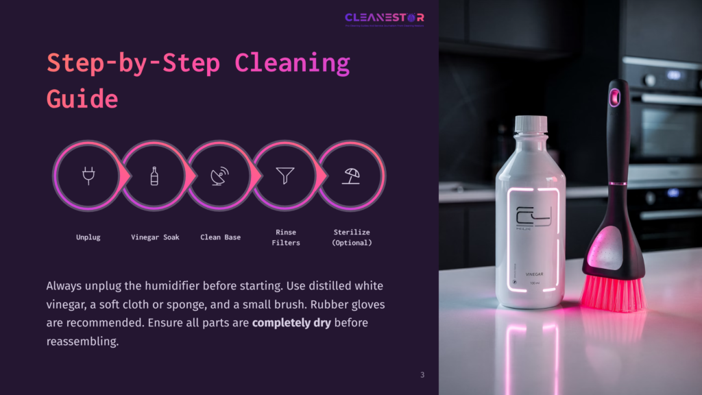 Step-By-Step Cleaning Guide For A Humidifier, Showing Icons For Unplugging, Vinegar Soak, Cleaning The Base, Rinsing Filters, And Sterilizing With A Bottle Of Cleanestor Vinegar And A Pink Cleaning Brush.