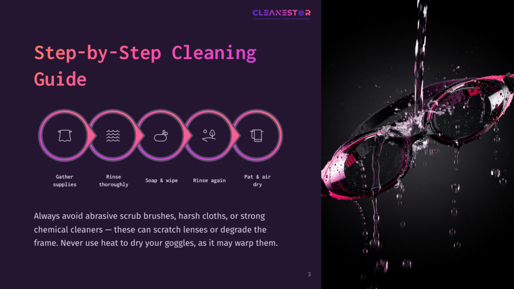 3 Step By Step Cleaning Guide 19 Step-By-Step Cleaning Guide For Swimming Goggles, Featuring Icons For Gather Supplies, Rinse, Soap &Amp; Wipe, Rinse Again, And Pat Dry. The Guide Is Presented On A Dark Purple Background With A Striking Image Of Pink Swimming Goggles Being Rinsed Under Water On The Right.