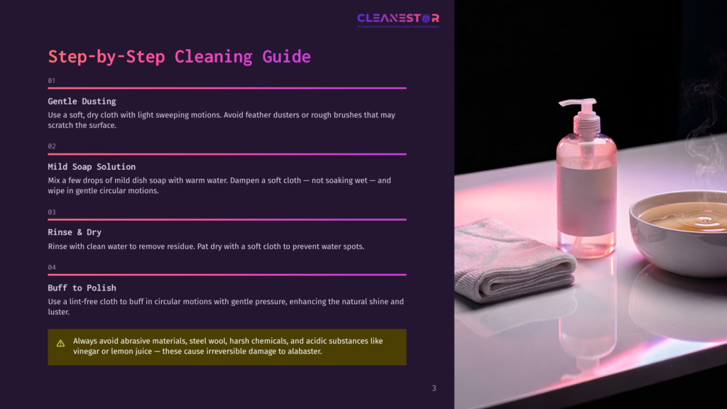 3 Step By Step Cleaning Guide 2 A Step-By-Step Cleaning Guide For Gentle Dusting, Mild Soap Solutions, Rinsing, And Buffing Alabaster Surfaces, With A Bottle Of Cleaning Solution And A Cloth In The Background.