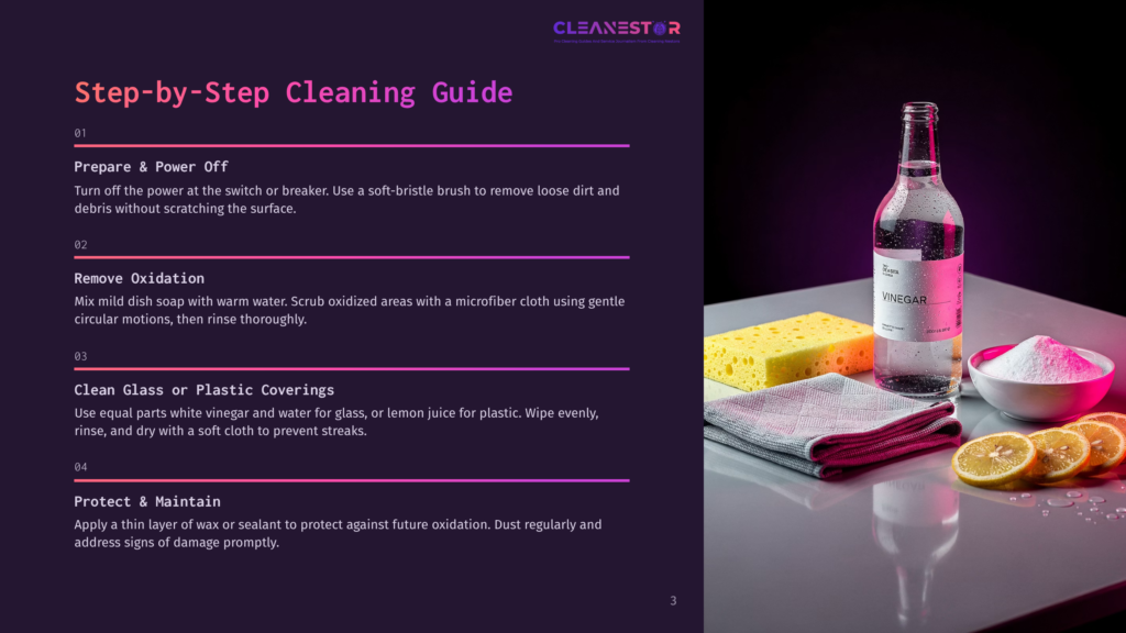 Cleanestor Step-By-Step Cleaning Guide: White Vinegar, Baking Soda, Lemons, And Cleaning Cloths Are Arranged On A Countertop Next To A Bottle Of Vinegar, With A Sponge In The Background.