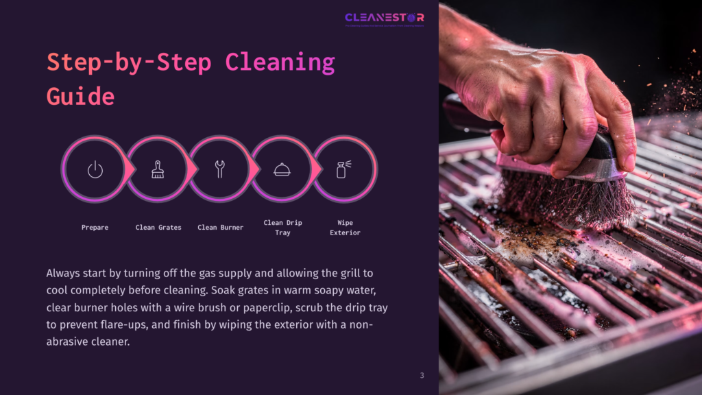 3 Step By Step Cleaning Guide 28 Step-By-Step Cleaning Guide For A Grill, Featuring Icons For Prepare, Clean Grates, Clean Burner, Clean Drip Tray, And Wipe Exterior, With Text And A Close-Up Of A Hand Scrubbing A Grill Grate With A Wire Brush.