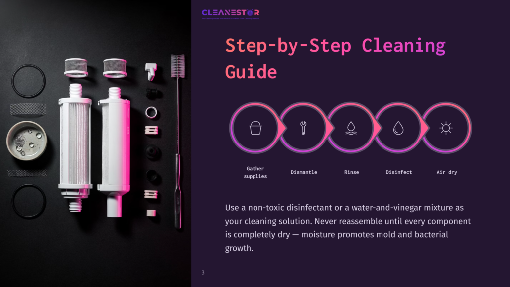Cleanestor Logo And &Quot;Step-By-Step Cleaning Guide&Quot; Text Above A Visual Flowchart Showing Five Steps: Gather Supplies, Dismantle, Rinse, Disinfect, And Air Dry. The Image Also Shows Various Cleaning Supplies And Components.