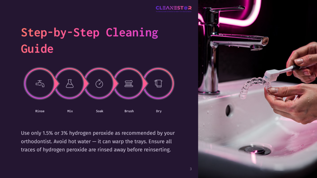 Step-By-Step Cleaning Guide For Clear Aligners: Rinse, Mix, Soak, Brush, Dry. Use 1.5% Or 3% Hydrogen Peroxide. Avoid Hot Water.